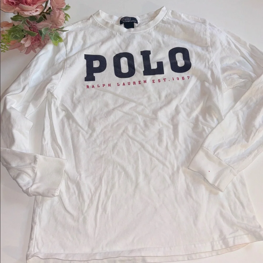 Ralph Lauren White Polo Shirt Boys Long Sleeve White POLO Logo T Shirt Large - Picture 1 of 17
